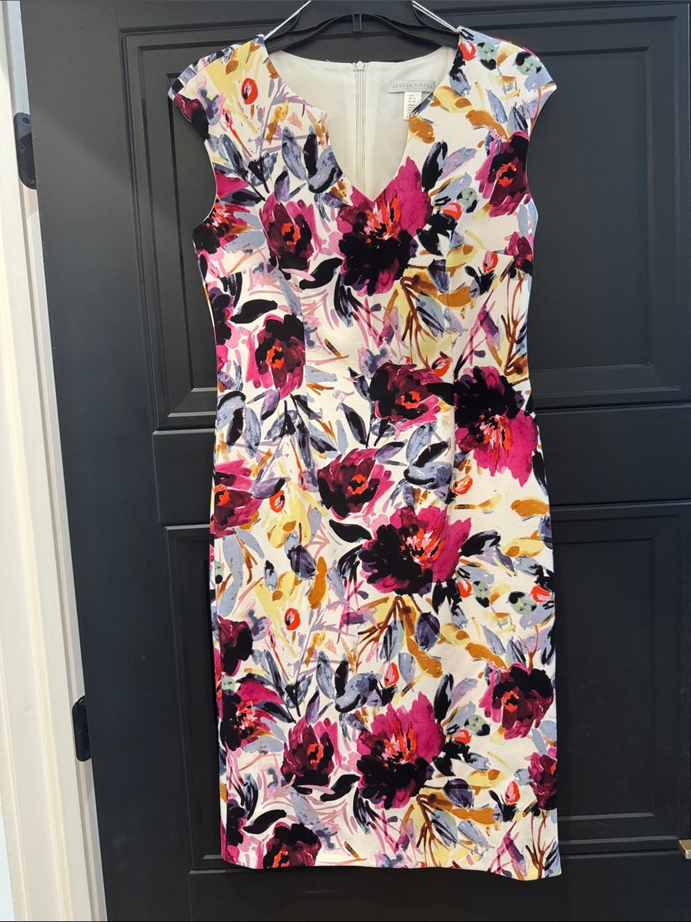 Floral V-Neck Sheath Dress in White with Pink and Black Floral Print